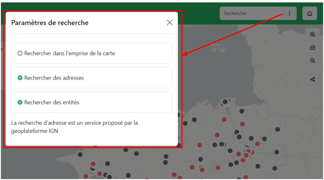 Options de la barre de recherche